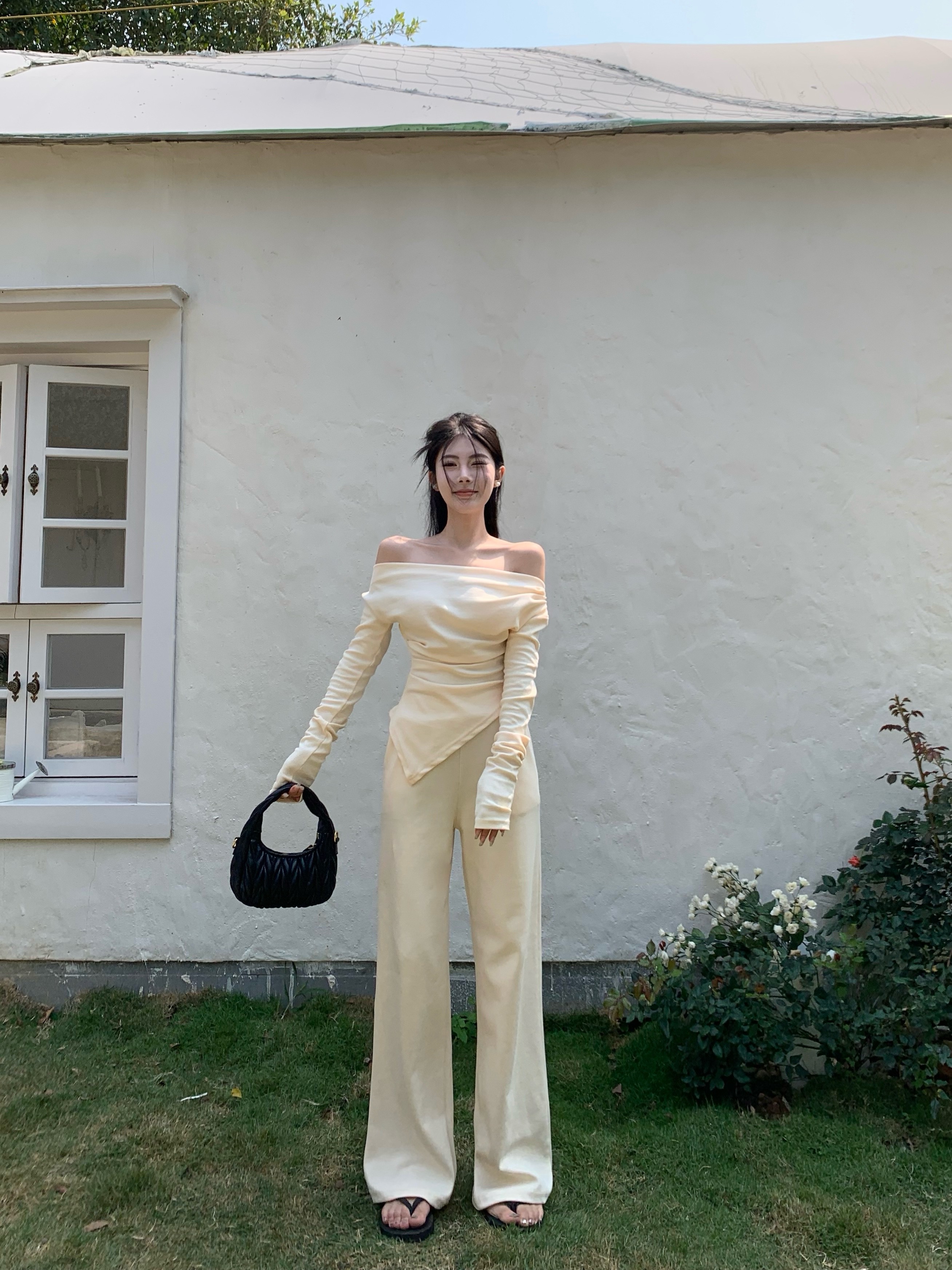 Retro irregular sloping shoulder one-shoulder waist-cinching top high-waist slim straight casual pants suit