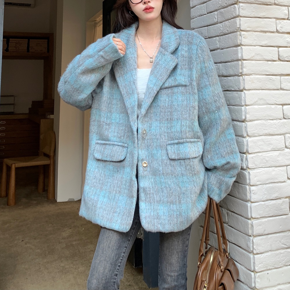 Double-layer interior retro high-end sense long woolen plaid suit jacket for women 2023 autumn and winter trendy versatile tops