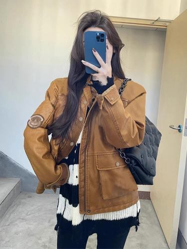 American retro brown design PU leather jacket baseball uniform women's leather jacket  new vintage jacket trendy