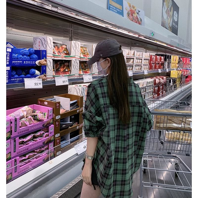 韓版polo領格子長袖襯衫女裝秋季綠色薄款寬鬆中長款防曬外套上衣