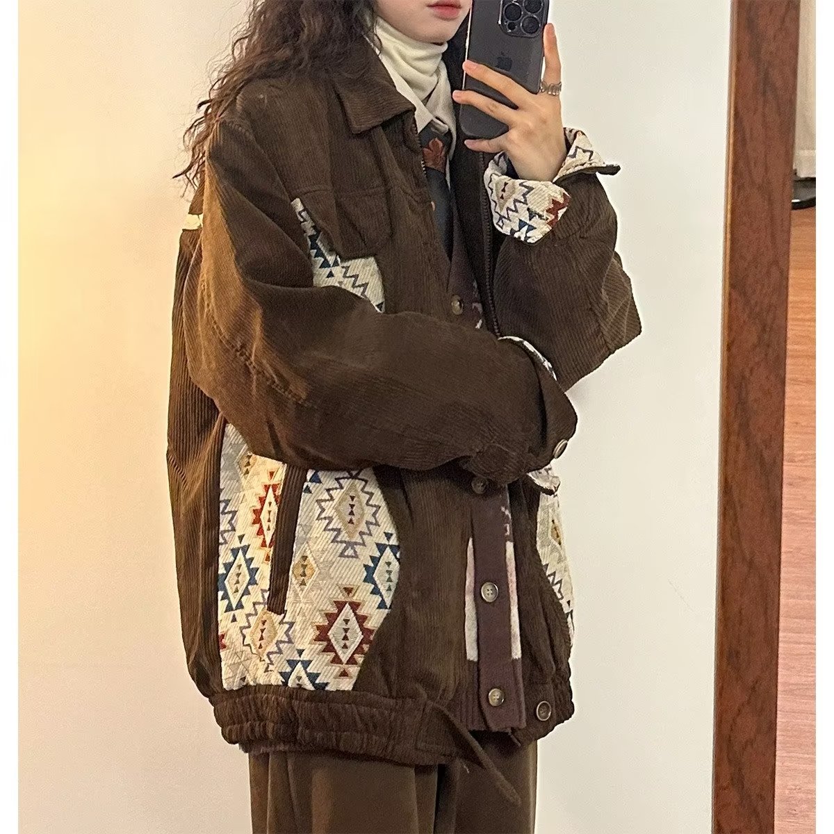 Spring and autumn ethnic style loose couple jackets for men and women with corduroy stitching baseball collar American street jackets