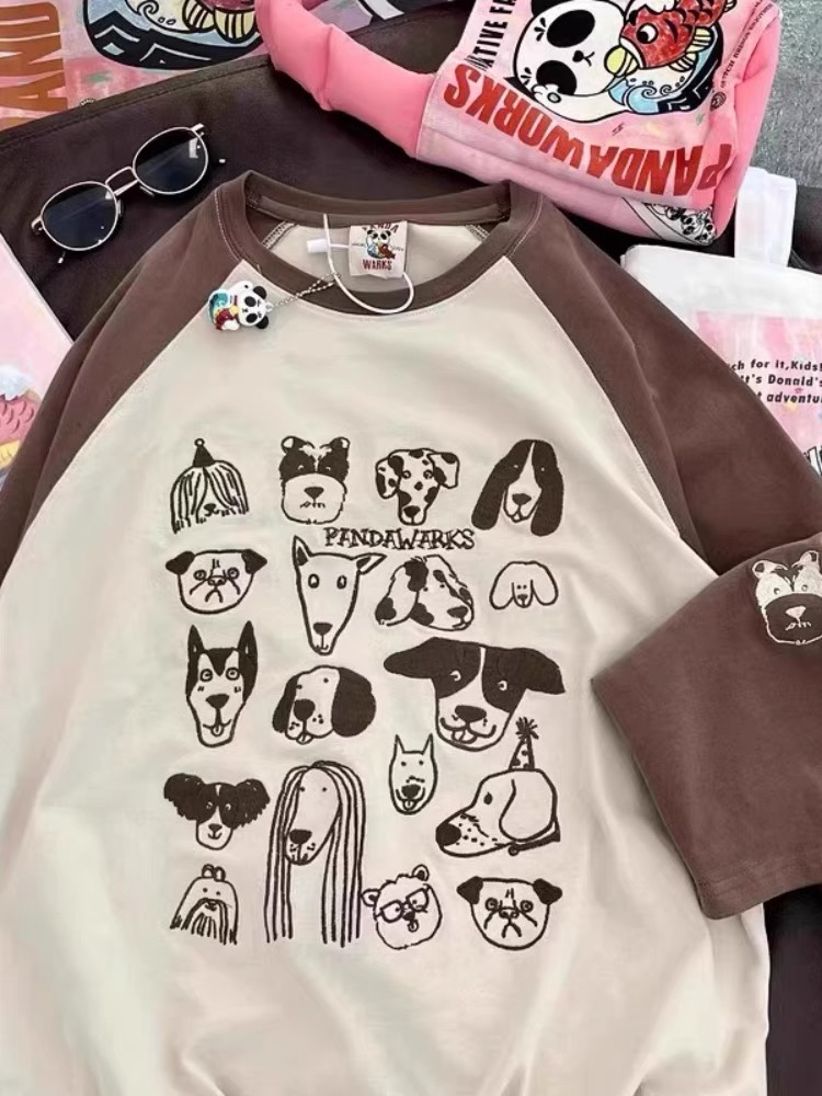 Official picture extra large size pure cotton 300 pounds embroidered raglan long-sleeved T-shirt women's spring and autumn loose top