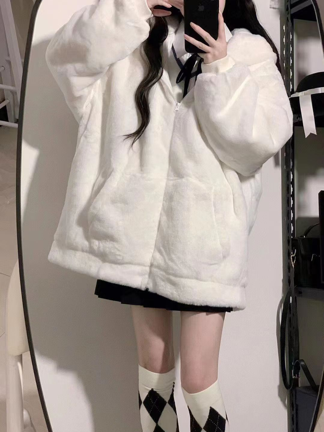 Thick rabbit fur ears women's 2023 autumn and winter new double-sided gold mink velvet versatile loose hooded jacket