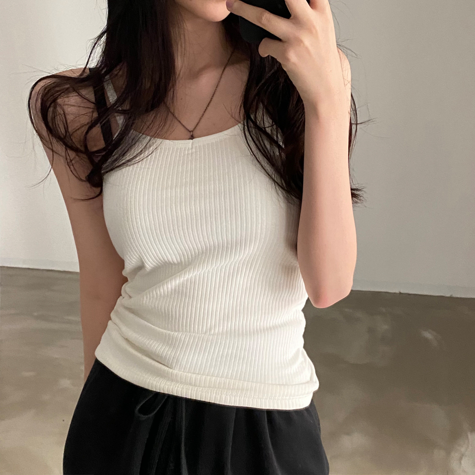 韓國chic秋冬百搭V領加絨吊帶純色保暖背心女