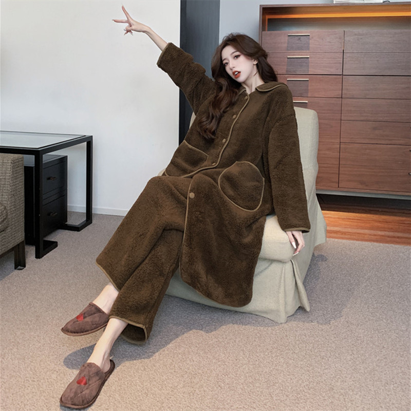 新款睡衣女珊瑚絨簡約寬鬆睡袍加厚羊羔絨輕奢家居服套裝