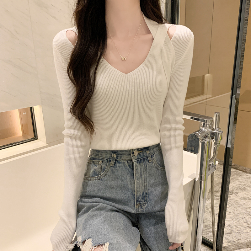 包芯紗 高級感修身顯瘦交叉v領打底針織衫毛衣女