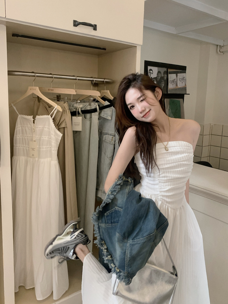 Sunset Evening Breeze White Breast Wrapped Dress Women's Spring and Autumn Long Tube Top Dress Pure Desire Bottoming Dress
