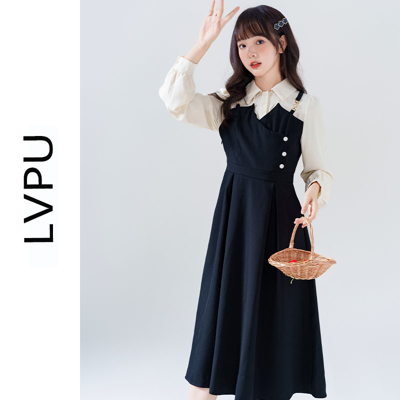 2023秋冬新款polo領假兩件長袖連衣裙女收腰氣質顯瘦長款裙