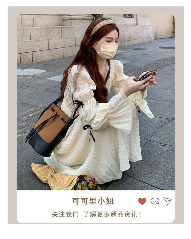 法式森系初戀宮廷復古風蝴蝶結方領裙2023新款女連衣裙