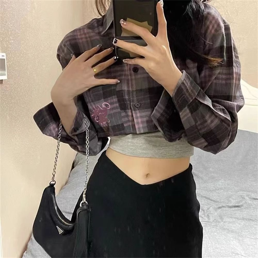 美式短款寬鬆多巴胺女孩穿搭格子防曬襯衫女夏季薄款開衫襯衣外套