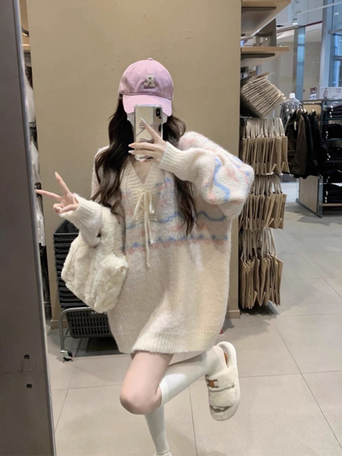 Gentle wind soft glutinous sweater V-neck long-sleeved pullover loose wearable top sweater for women autumn and winter