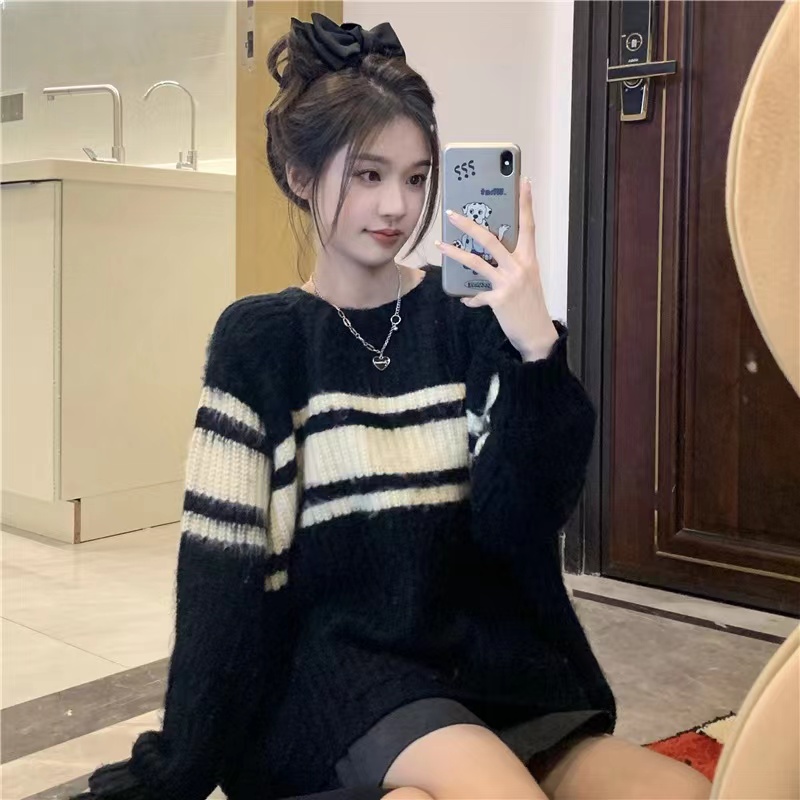 fayeye自製 設計感加厚黑色條紋毛毛上衣女輕熟拼色套頭別致毛衣