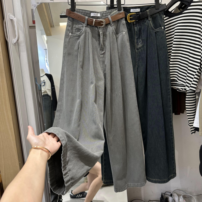 配腰帶原板面料設計感牛仔褲女2023秋高腰顯瘦哈倫直筒闊腿褲