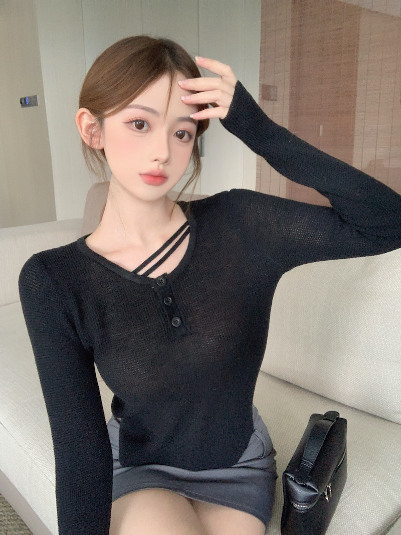 泡泡袖打底衫女秋內搭修身毛衣洋氣獨特别致上衣針織衫女潮