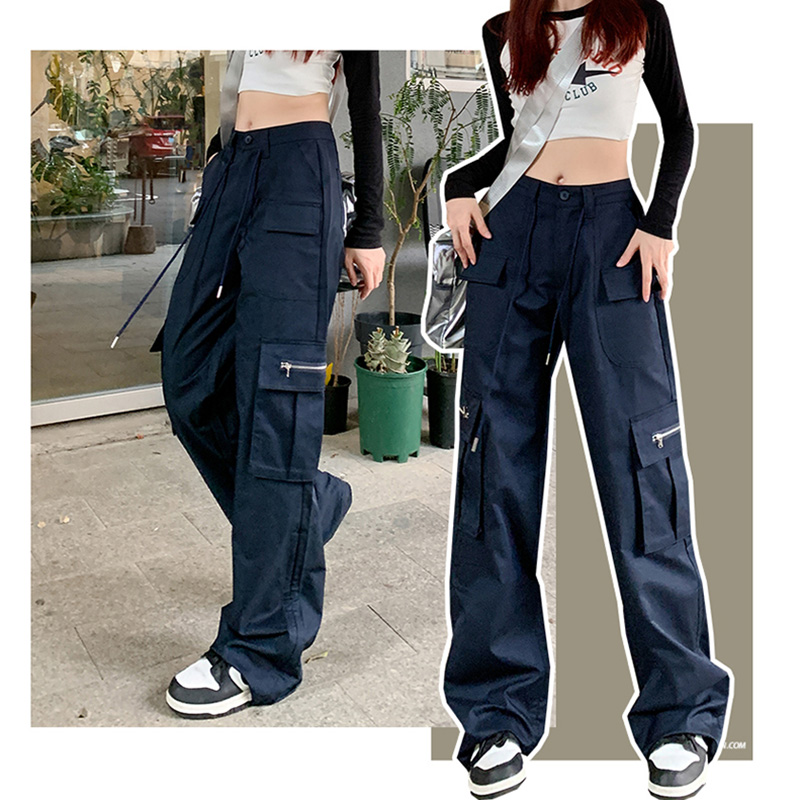Women's Navy Blue Straight Leg Workwear Pants 2023 Autumn New Inverted Waist American Retro Loose Wide Leg Casual Pants