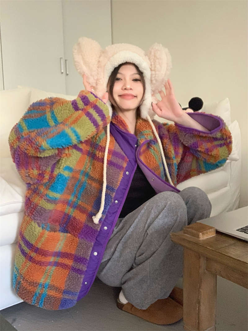 冬季搖粒絨外套彩色格子羊羔毛上衣保暖棉服女
