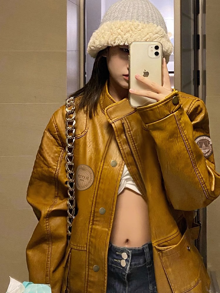 American retro brown design PU leather jacket baseball uniform women's leather jacket 2023 new vintage jacket trendy