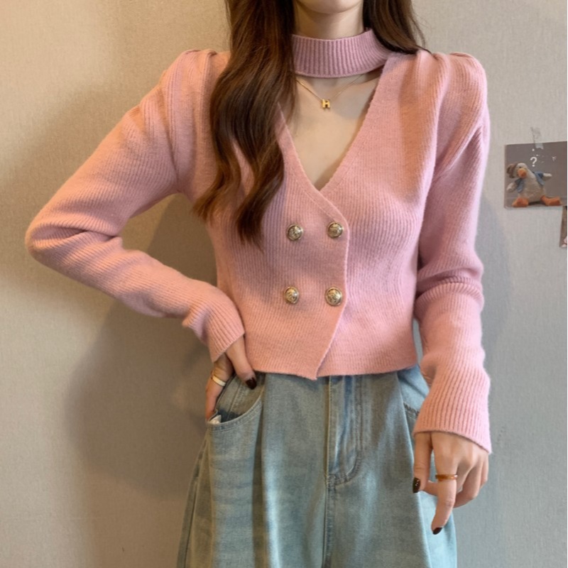 V領掛脖針織打底衫女秋冬高級感短款泡泡袖別致毛衣法式內搭上衣