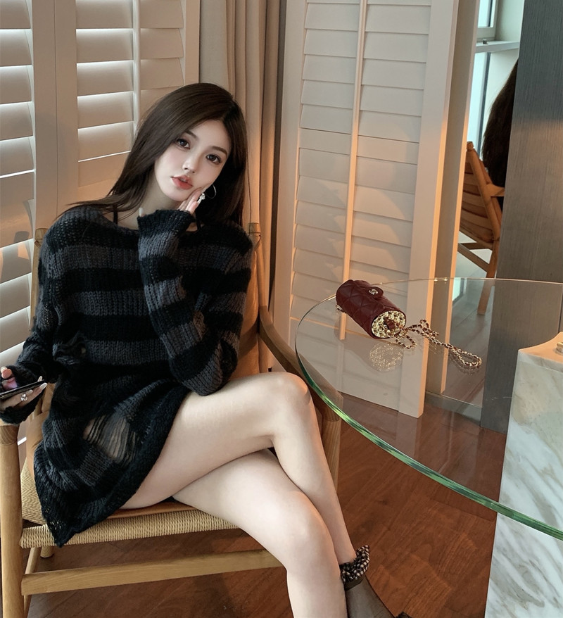 圓領條紋套頭針織衫女春秋破洞慵懶毛衣寬鬆薄款罩衫上衣