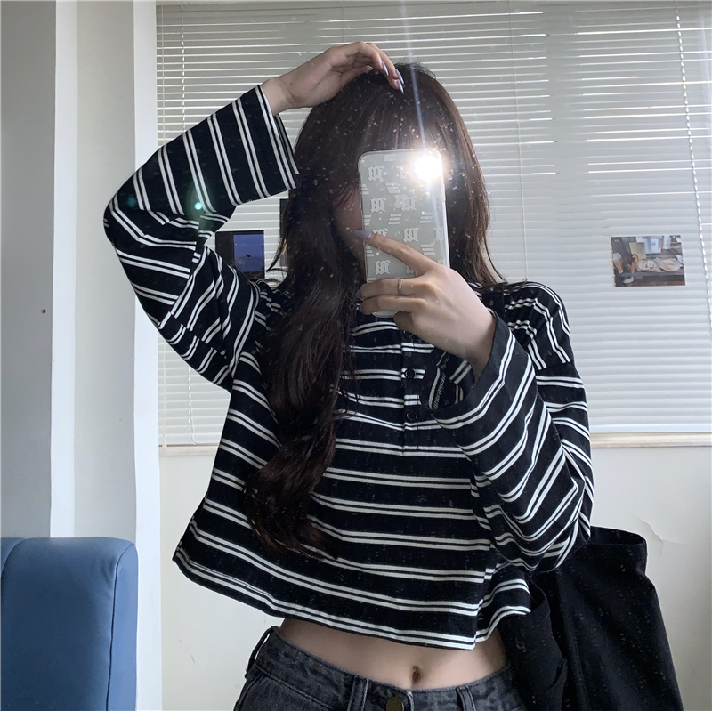 6535 cotton autumn retro striped long-sleeved T-shirt women's POLO collar button top