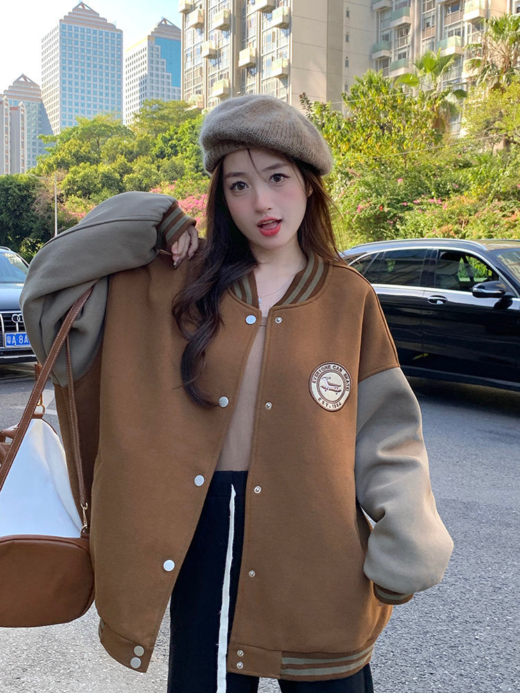 2023 Autumn and Winter American Retro Baseball Uniforms New Loose Fashion Contrast Color Stitching Plus Velvet Thickened Jacket Women's Trend
