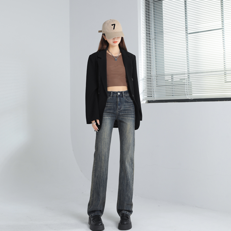 2023秋冬扎染水泥黃重工藝設計感寬鬆美式拖地牛仔褲女