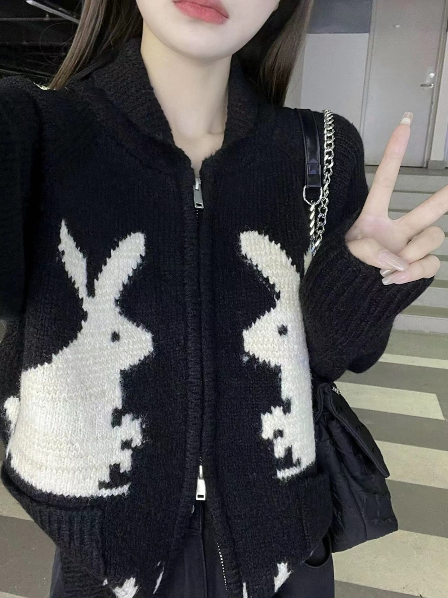 2023新款拉鏈重工秋冬季設計感小眾兔年開衫毛衣女小個子上衣寬鬆