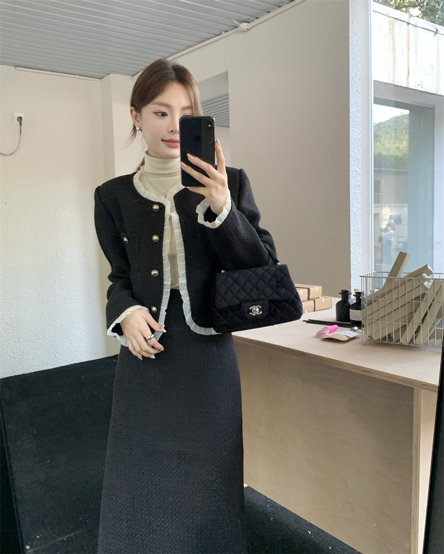 ！氣質小香風時尚套裝撞色木耳邊短外套顯瘦洋氣半身裙倆件套