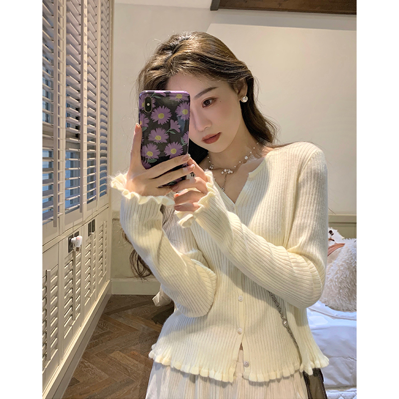 高級感洋氣簡約修身長袖V領短別致木耳邊針織開衫上衣女仿棉