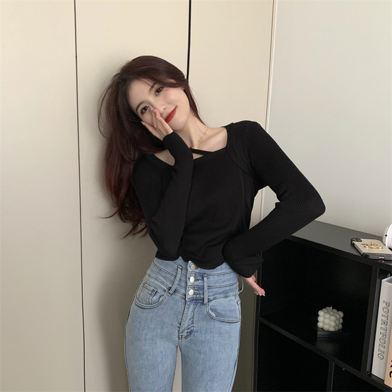 Early autumn new Korean style drawstring bottoming shirt, slim and fashionable collarbone-exposed square collar top