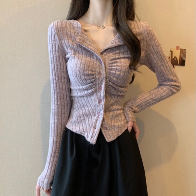 性感純欲風不規則翻領針織毛衣女款秋季褶皺修身內搭外穿磨毛上衣