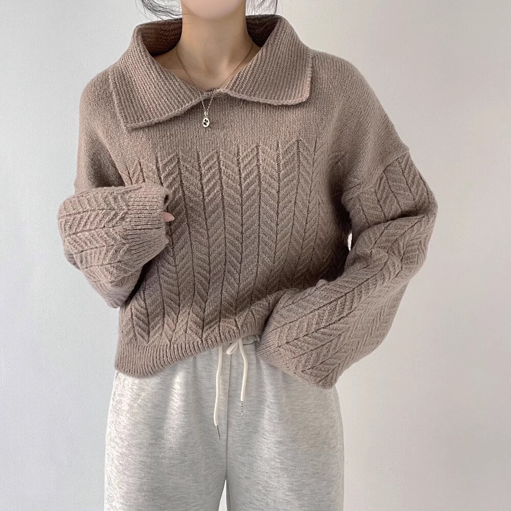 French retro twist polo collar sweater for women, autumn and winter lazy style, loose outer wear, soft waxy knitted sweater, inner top