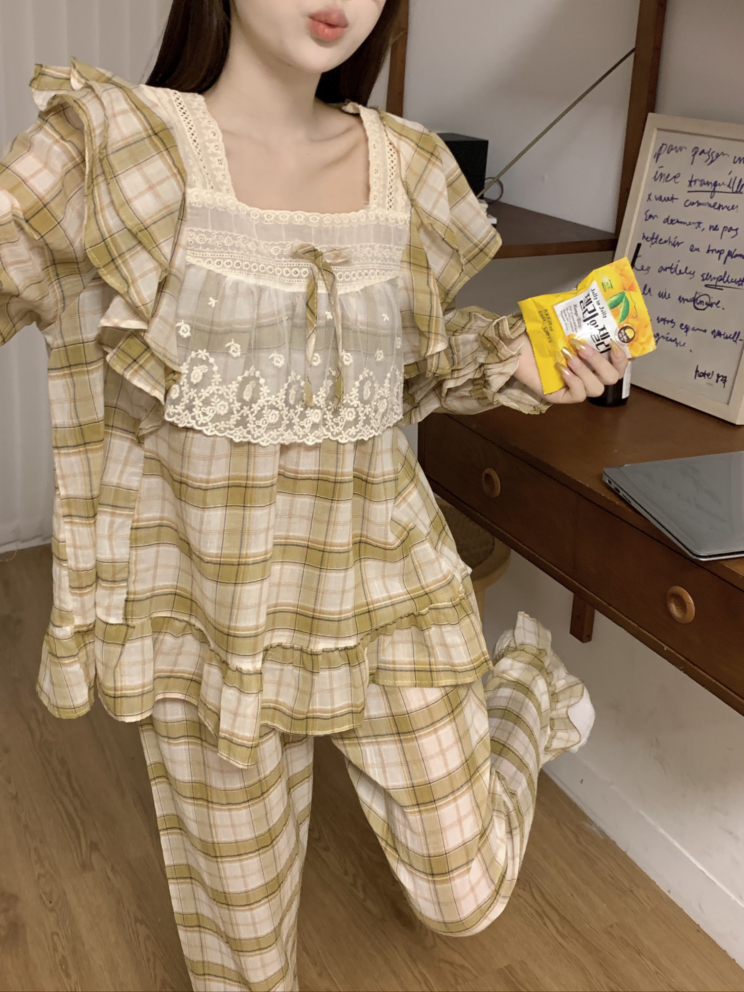 韓版甜美蕾絲宮廷風小清新撞色格紋寬鬆棉紗秋季家居服套