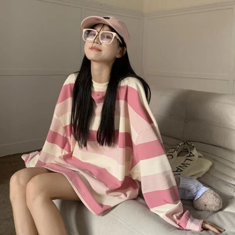 oversize粉色條紋長袖衛衣女寬鬆慵懶風韓版2023秋季款絕美小上衣