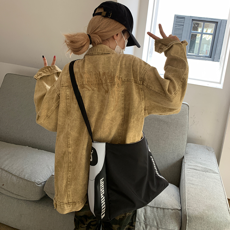 ~牛仔外套秋季新款寬鬆美式設計感小眾百搭刺繡夾克潮牌