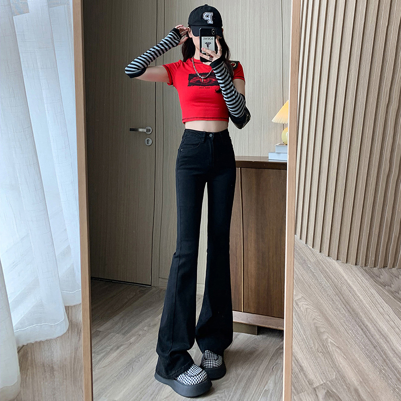 2023秋冬彈力高腰顯高顯瘦喇叭牛仔褲女