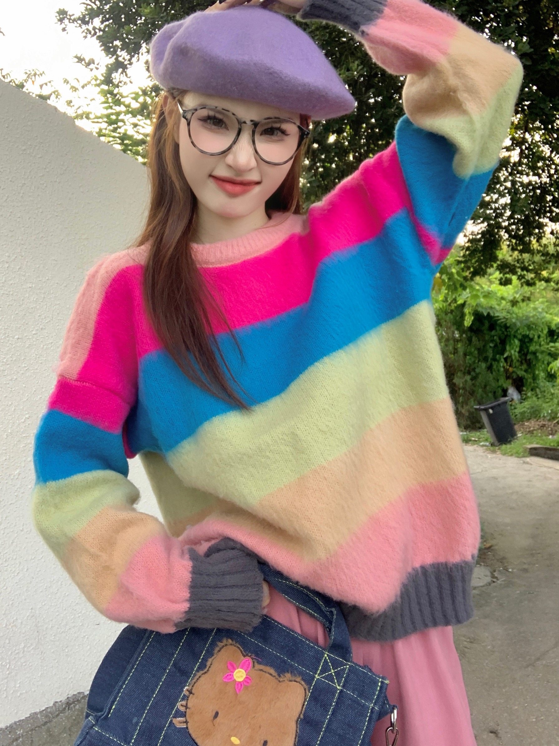 美拉德穿搭~復古寬鬆彩虹毛衣女軟糯撞色條紋針織衫
