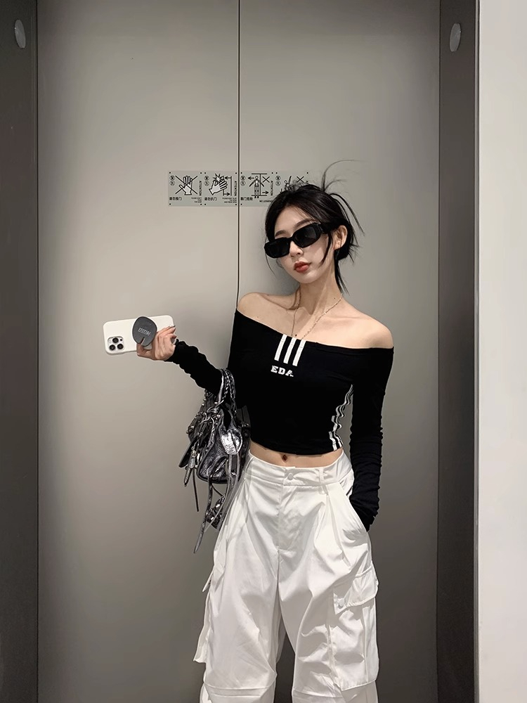 EDACITY一字肩字母T恤上衣女2023夏短款修身顯瘦設計感小眾打底衫