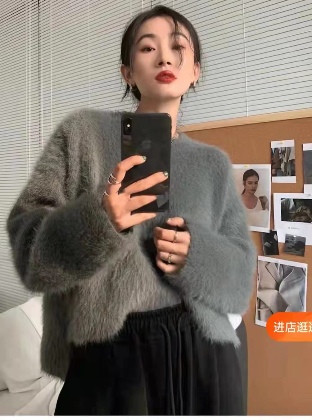純色仿水貂絨圓領套頭毛衣女秋冬慵懶風寬鬆外穿法式復古針織上衣