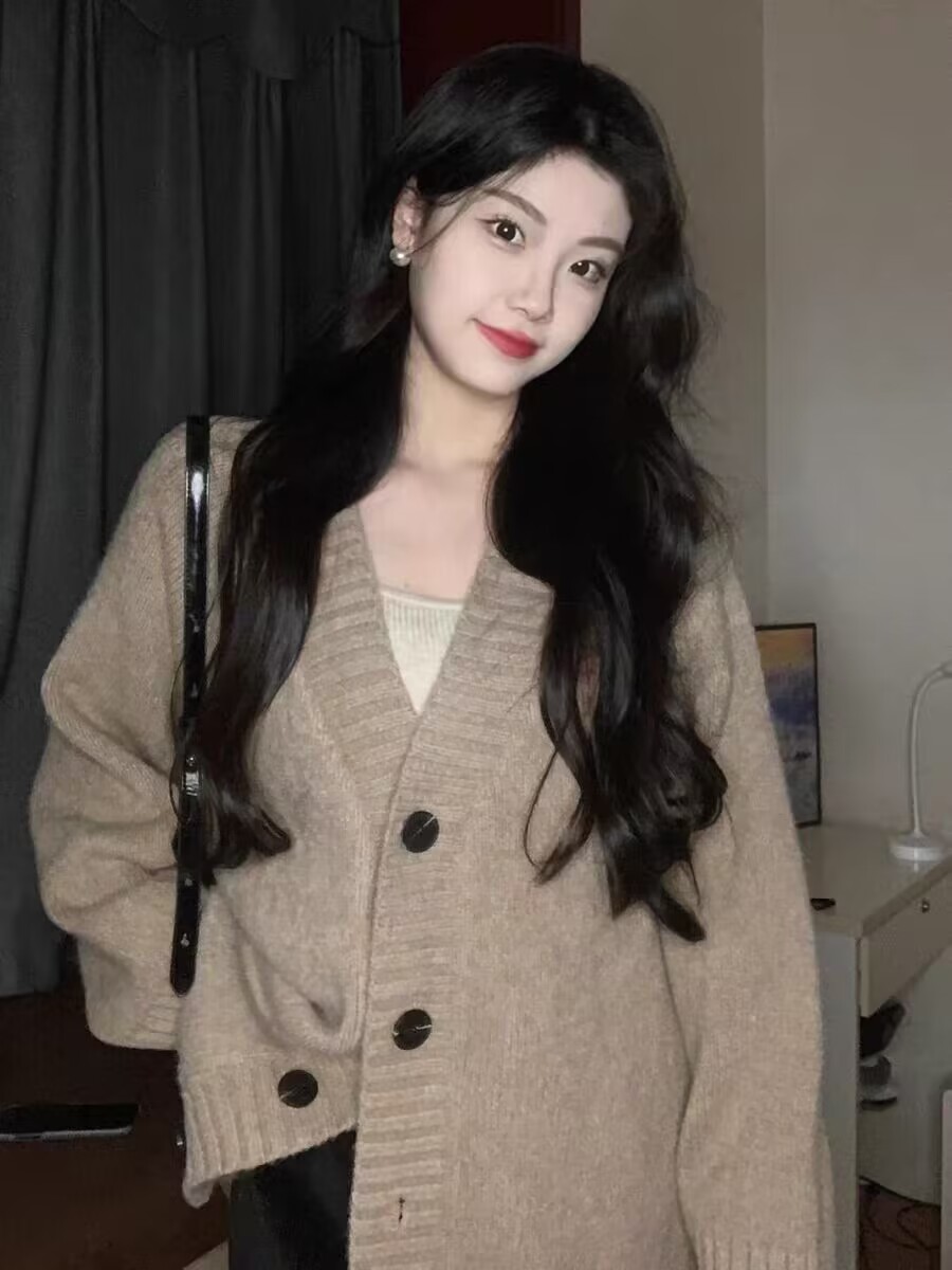 韓版復古慵懶風V領外套女秋冬新款寬鬆百搭氣質休閒時尚開衫上衣