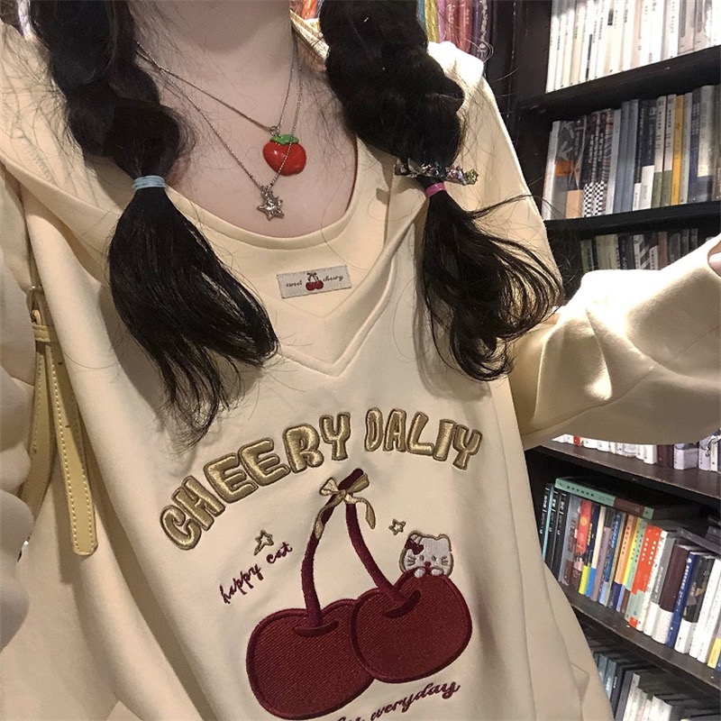 刺繡 兩件套華棉復牛奶絲350g學院風櫻桃貓耳朵連帽衛衣女上衣