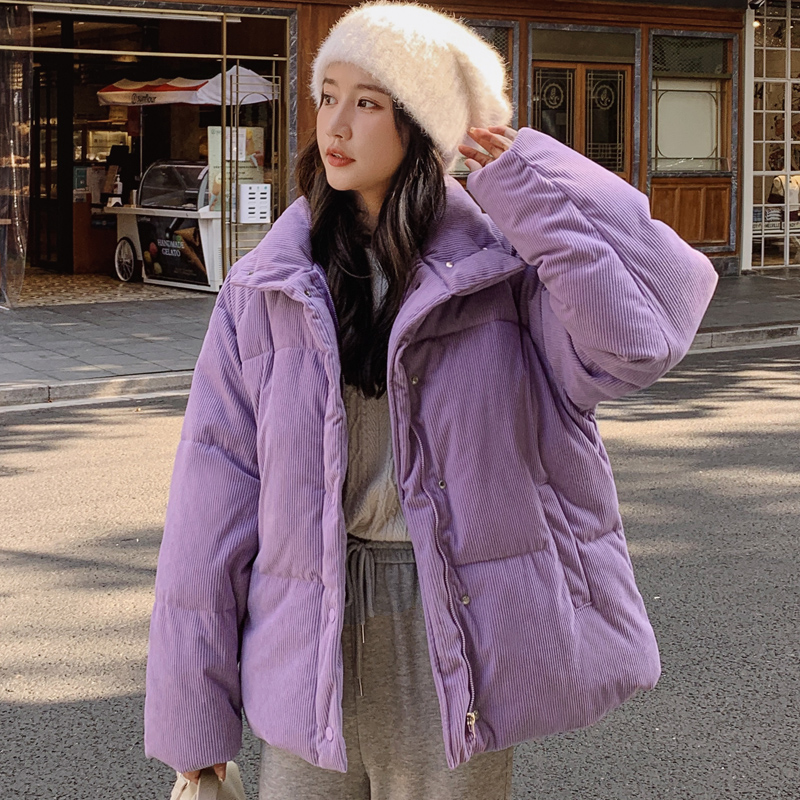 冬季時尚新款學生燈芯絨美式加厚保暖純色寬鬆立領羽絨棉服