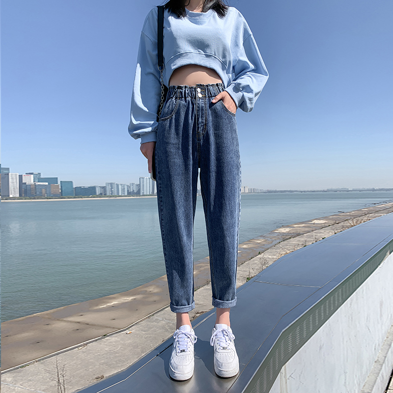 2023年新款高腰顯瘦闊腿老爹蘿蔔哈倫牛仔褲女