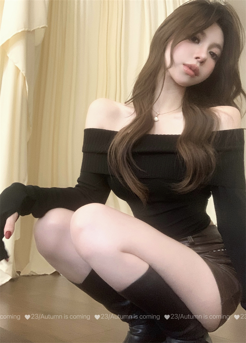 ~秋季性感辣妹純欲露肩毛衣一字肩上衣女修身顯瘦針織衫