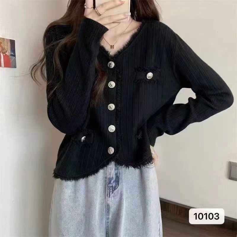 2023 new autumn design French style V-neck tassel raw edge long-sleeved cardigan top for women ins trendy women