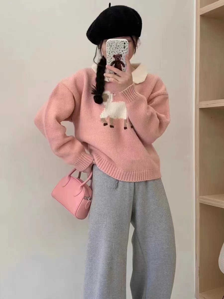 韓系撞色可愛小羊翻領套頭毛衣女秋冬外穿設計感寬鬆軟糯針織上衣