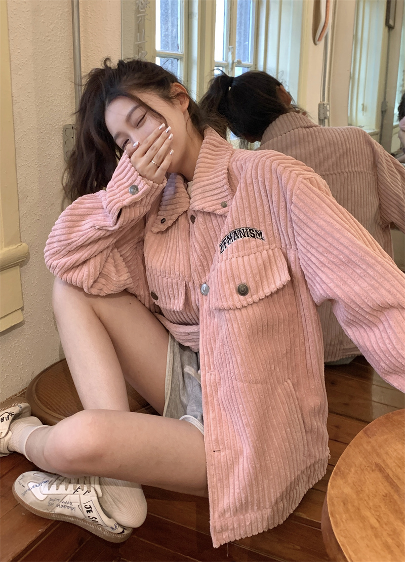 Original quality double layer pink jacket for women Korean style couple college style oversize retro baseball uniform autumn and winter