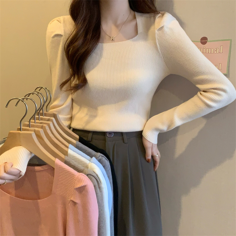 2023新款方領泡泡袖針織衫顯瘦上衣女