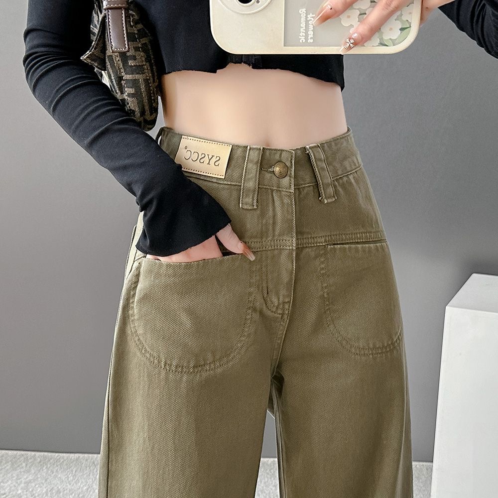 設計感軍綠色牛仔褲女2023新款高腰顯瘦直筒寬鬆闊腿拖地褲子