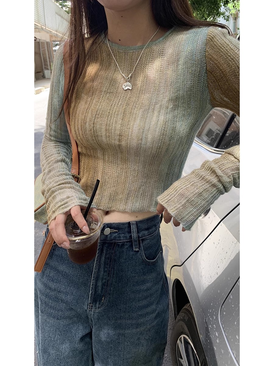 Red Man Hall long-sleeved sweater for women 2023 new early autumn women's short slim fit design gradient tie-dye top